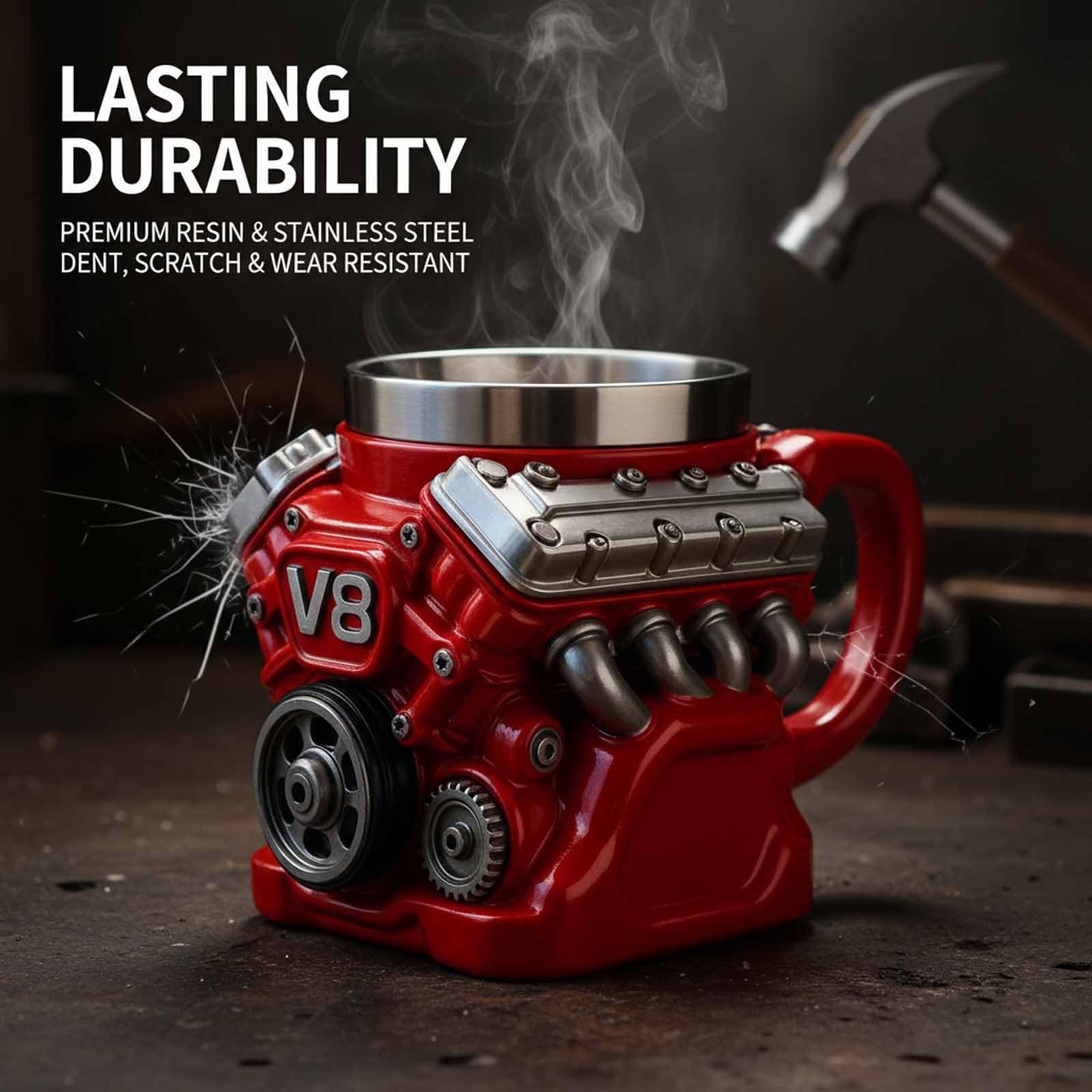 3D V8 Engine Coffee Mug Stainless Steel Liner Resin Novelty Cup 300ml Double Wall Insulated Gift for Car Enthusiasts Mechanics Red
