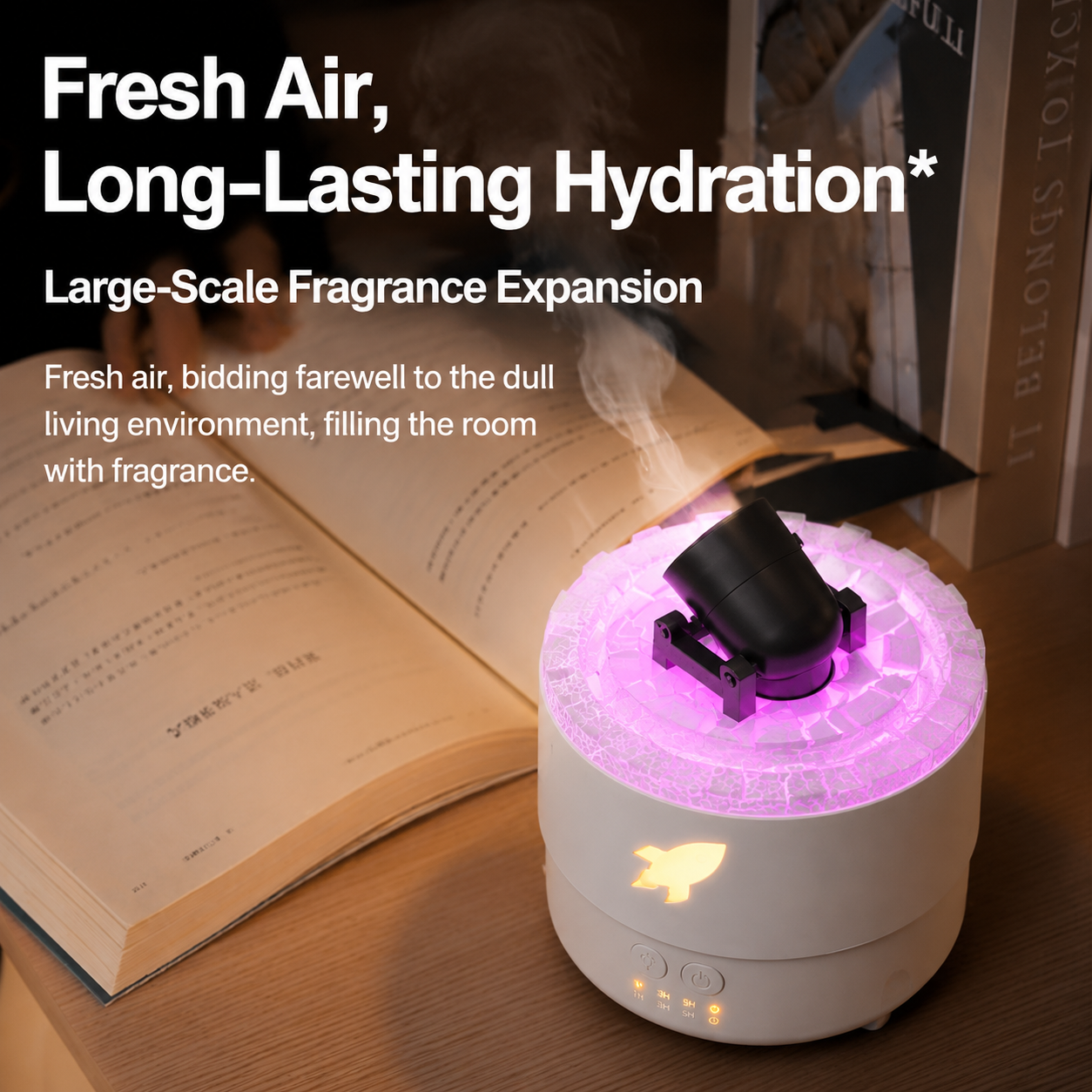 176 Black Simulation Turret Diffuser & Humidifier - Smart Timer Ultrasonic Mister with Volcano Lava Crack Shell and Colorful Light