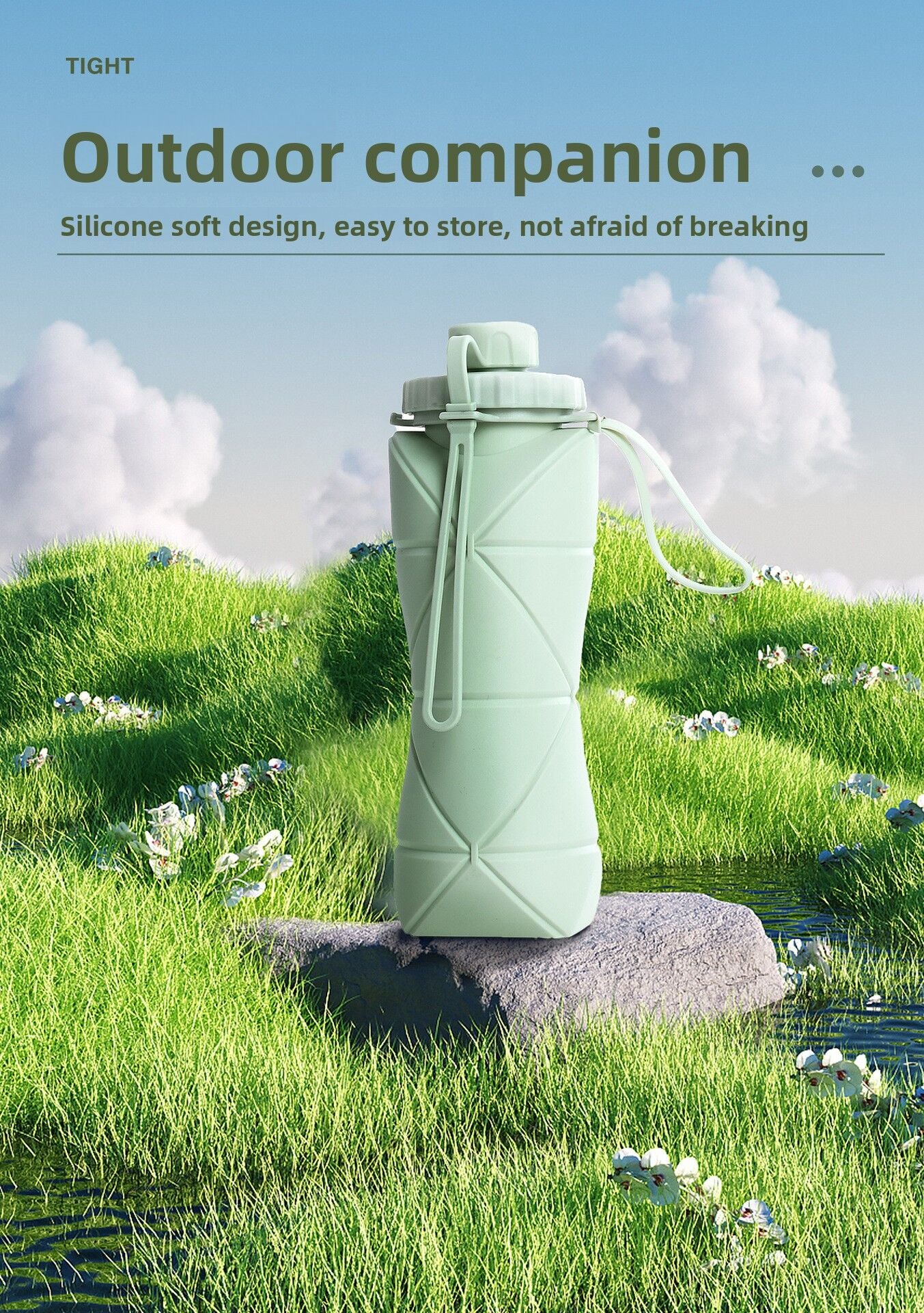 Grey Portable Food Grade Silicone Collapsible Sports Water Bottle 600ML - Folding down 80% , Low High Temperature Resistant