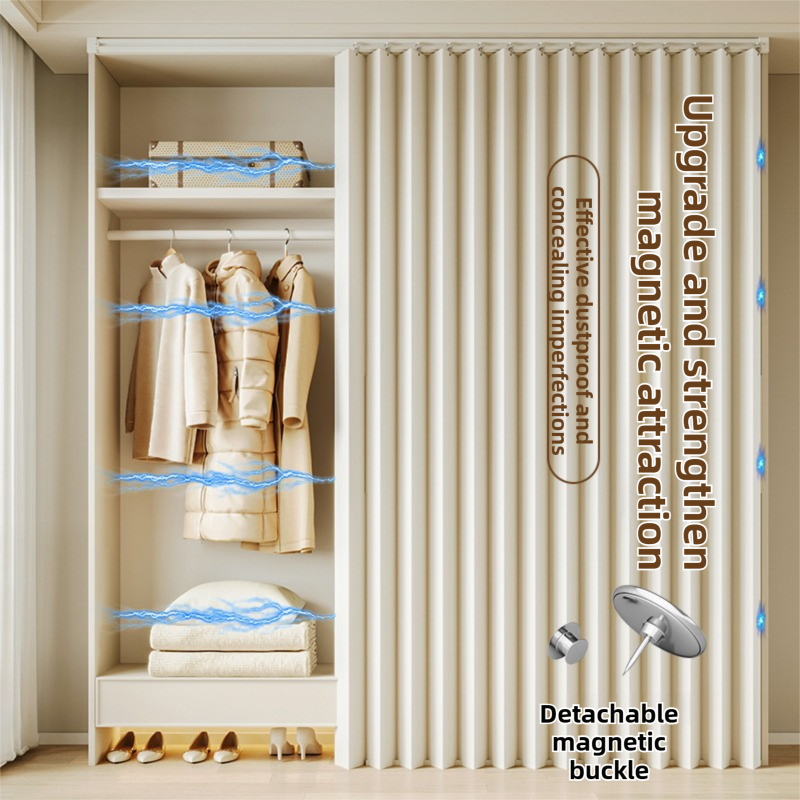 150 X 180 CM White Linen-Look Dust Drill-Free Pull-Curtain - Folding Doorless Closet Divider with Magnetic Closure & Hanging Rings