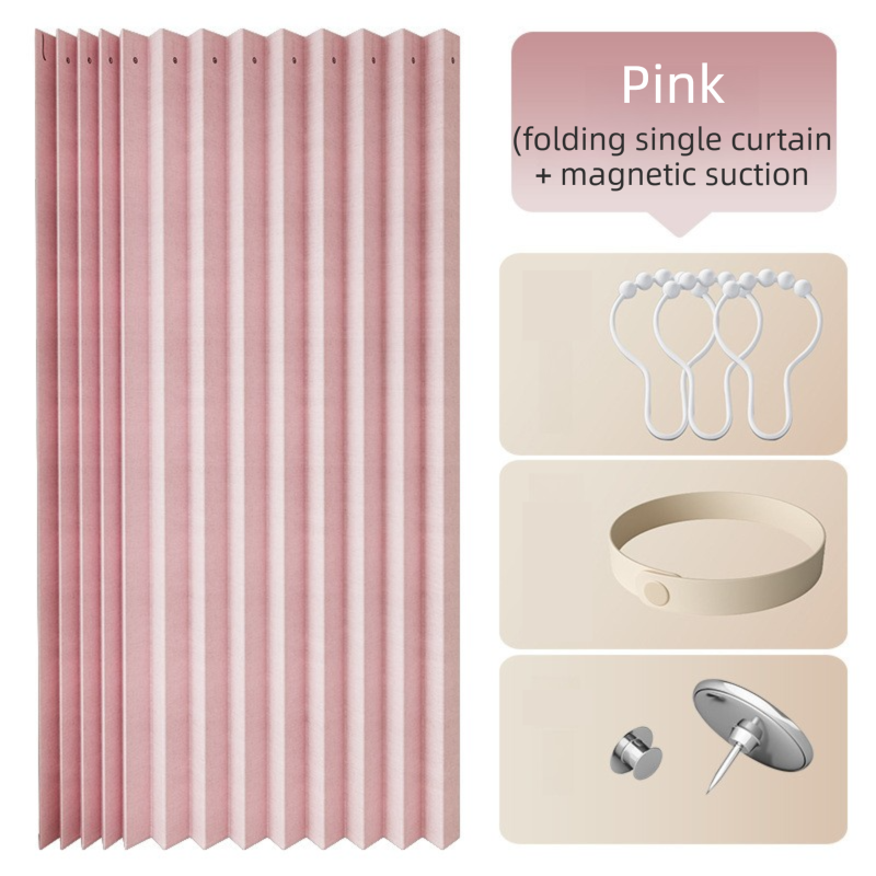 150 X 180 CM Pink Linen-Look Dust Drill-Free Pull-Curtain - Folding Doorless Closet Divider with Magnetic Closure & Hanging Rings