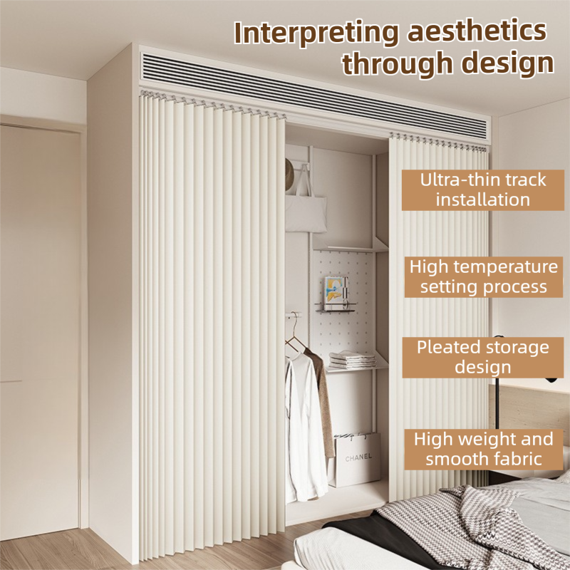150 X 180 CM Light Gray Linen-Look Dust Drill-Free Pull-Curtain - Folding Doorless Closet Divider with Magnetic Closure & Hanging Rings