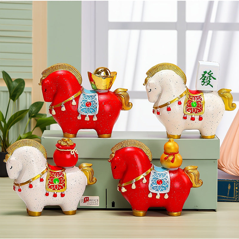 Red New Chinese Style Resin Horse Figurine with Rotating Lucky Bag – Elegant Home or Office Decor for Modern Living Spaces(Good fortune and prosperity shall soon be yours)