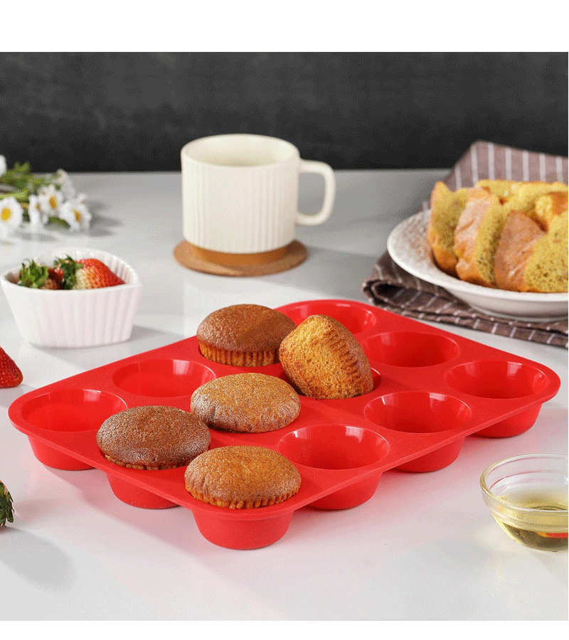 12-Cup Silicone Muffin Pan - Non-Stick Red Baking Mould for Cupcakes, Egg Bites & Tarts - Food Grade, Heat Resistant & Dishwasher Safe (29.5cm)