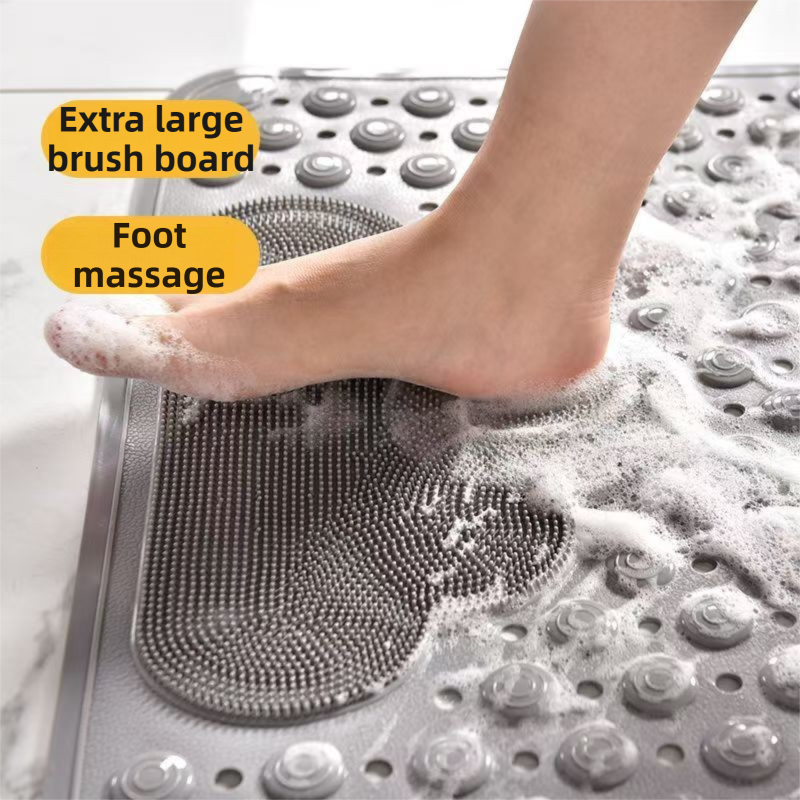 Grey Eco-Friendly Bath Mat with Massage Points - Anti-Slip Suction Cup Safety Bathroom Rug (M Size 75.5X44x2 CM)