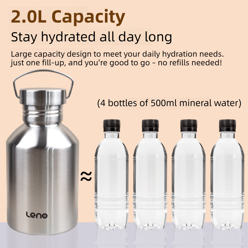2L Large Capacity Outdoor Sports Adventure Water Bottle - Food-Grade 304 Stainless Steel with Portable Handle & 4.5cm Narrow Mouth, 2 Pack