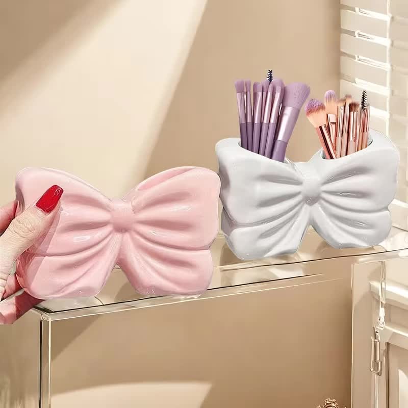 2-Pack Pink & White Chic Bowknot 2-Slot Toothbrush Holder - Resin Retro Cute Desktop Decorative Stand