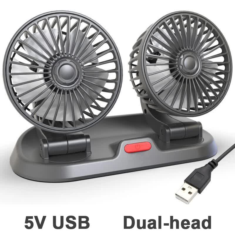3-in-1 Powerful Car Dual Head Fan (USB Power) - Quiet Cooling Fan Integrated Aromatherapy & Number Plate, with 360° Rotation & 130cm Long Cord