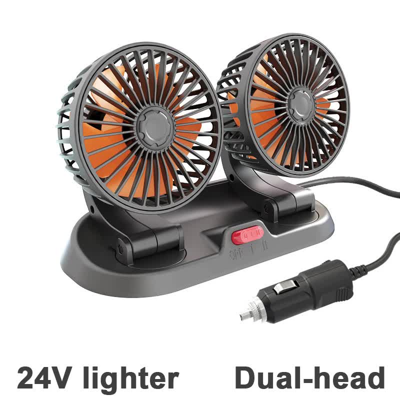 3-in-1 Powerful Car Dual Head Fan (24V Lighter Power) - Quiet Cooling Fan Integrated Aromatherapy & Number Plate, with 360° Rotation & 130cm Long Cord