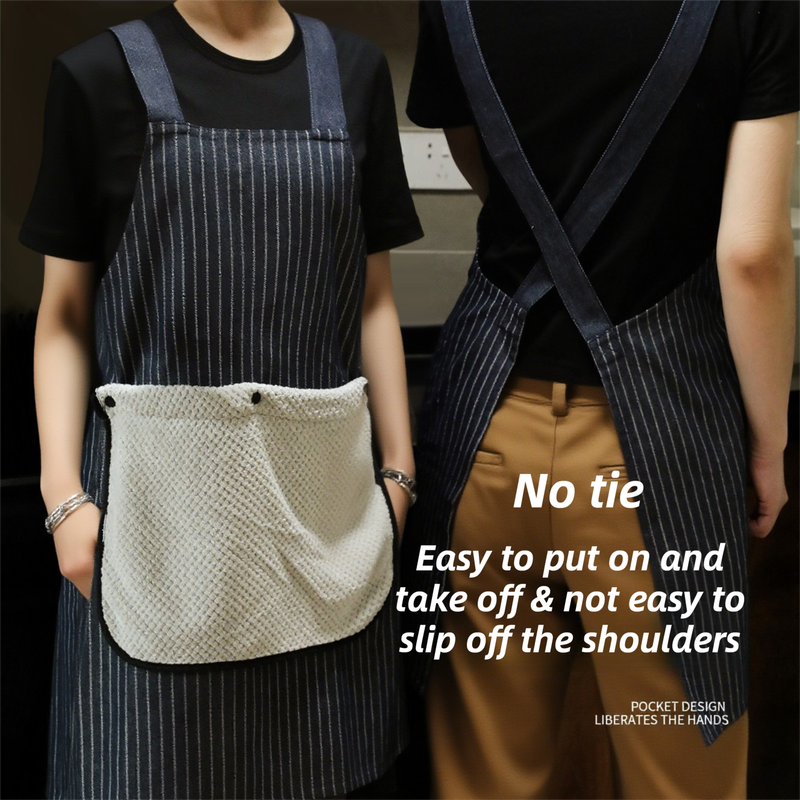 Black Waterproof & Oil-Proof Cross-Back Kitchen Apron with No-Tie Slip-On Design and Detachable Hand Towels