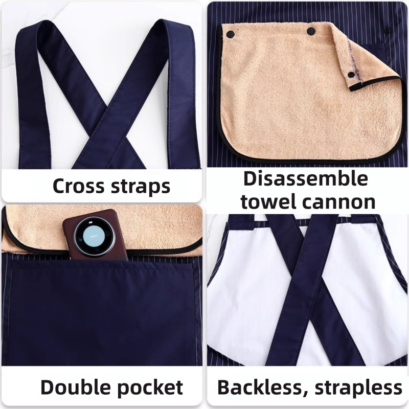 Black Waterproof & Oil-Proof Cross-Back Kitchen Apron with No-Tie Slip-On Design and Detachable Hand Towels