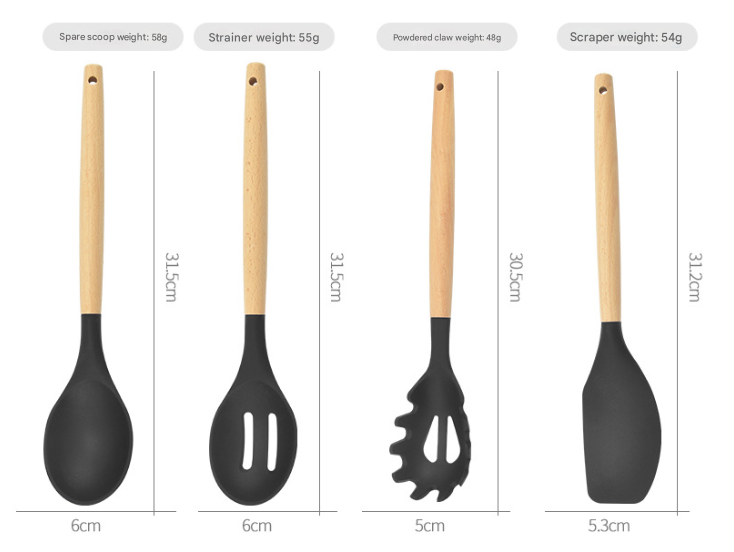 12-Piece White Heat-Resistant Silicone Cooking Utensils with Wooden Handles and Box - Non-Stick Scratch-Free Kitchen Tool Kit