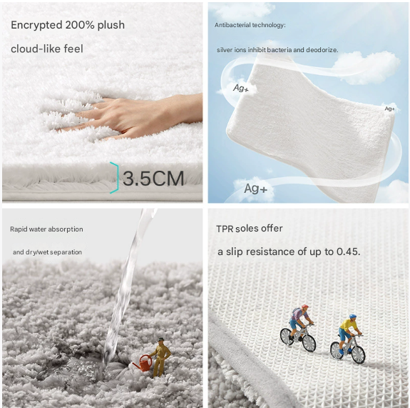 Light Grey 60*90cm Luxury 3.5cm Shag Bath Mat | Silver Ion Antibacterial Technology | Quick Dry Non-Slip TPR Bathroom Rug