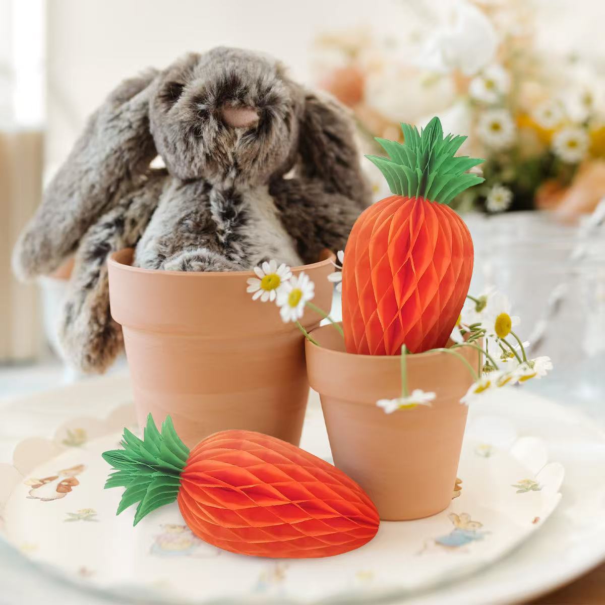 Easter Carrot Honeycomb Decorations – 10-Piece Set with 5 x 15cm and 5 x 20cm Paper Carrots, Hanging Ornaments for Party and Home Decoration