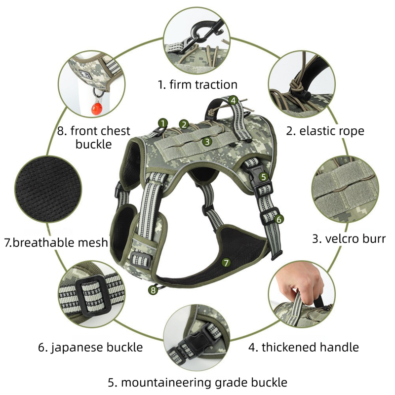 3-Piece Camouflage Tactical Dog Harness Set (M Size) - Heavy Duty No-Pull Vest with Detachable Tactical Pouch & Climbing Rope Leash