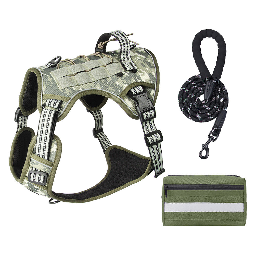 3-Piece Camouflage Tactical Dog Harness Set (L Size) - Heavy Duty No-Pull Vest with Detachable Tactical Pouch & Climbing Rope Leash