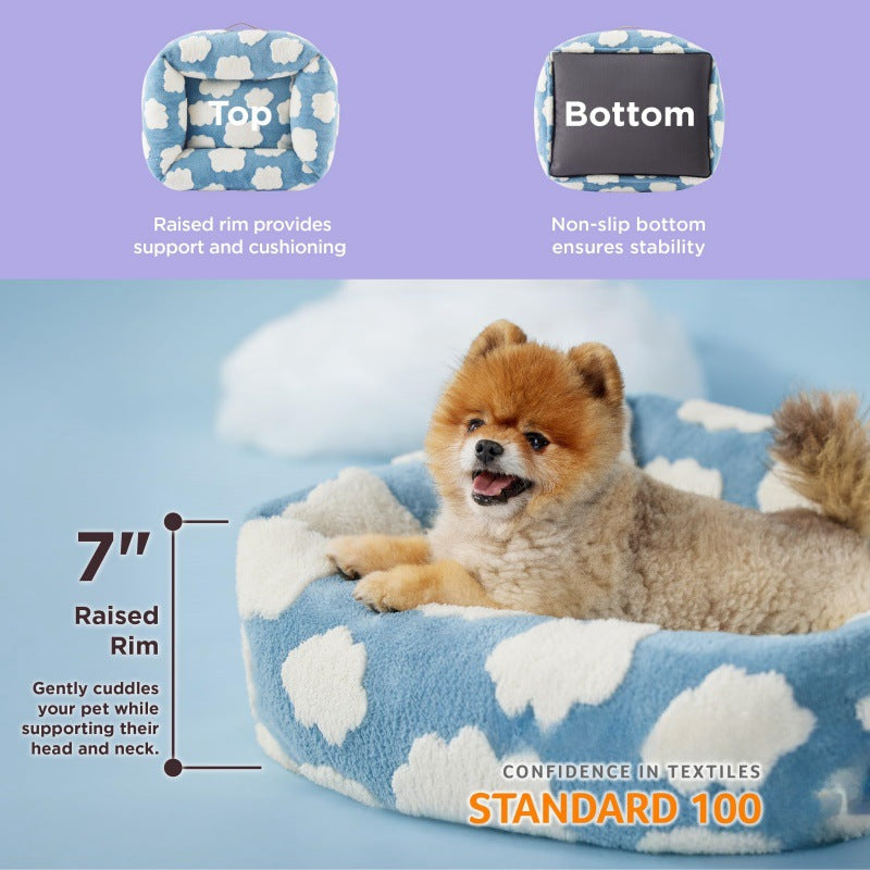 76x60x20 CM Cute Square Plush Pet Bed with Removable Cover & 5 Bolsters Support - Purple Plaid Machine Washable Calming Dog & Cat Sofa