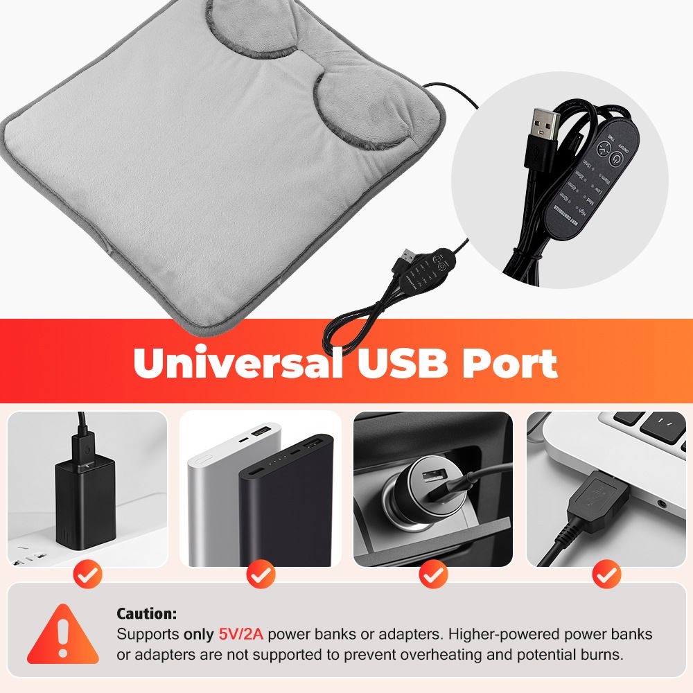 Grey Portable Versatile USB Electric Foot Warmer with 4 Temp Levels & 4 Auto-Shutoff Timer - Soft Fleece Washable Heating Mat