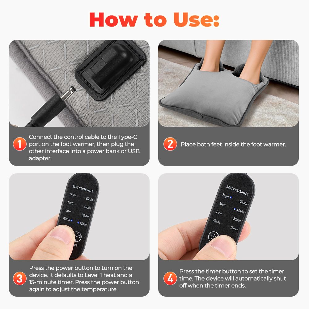 Grey Portable Versatile USB Electric Foot Warmer with 4 Temp Levels & 4 Auto-Shutoff Timer - Soft Fleece Washable Heating Mat
