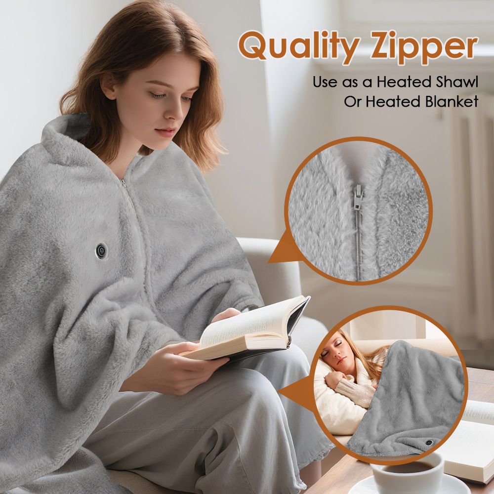 147x82CM Grey Soft Faux Rabbit Fur USB Powered Heated Shawl Blanket with Wearable Zipper, 1.5M Long Cable, 3 Temp Mode & 8 Heating Zones - Portable Electric Blanket for Home Office Travel Camping
