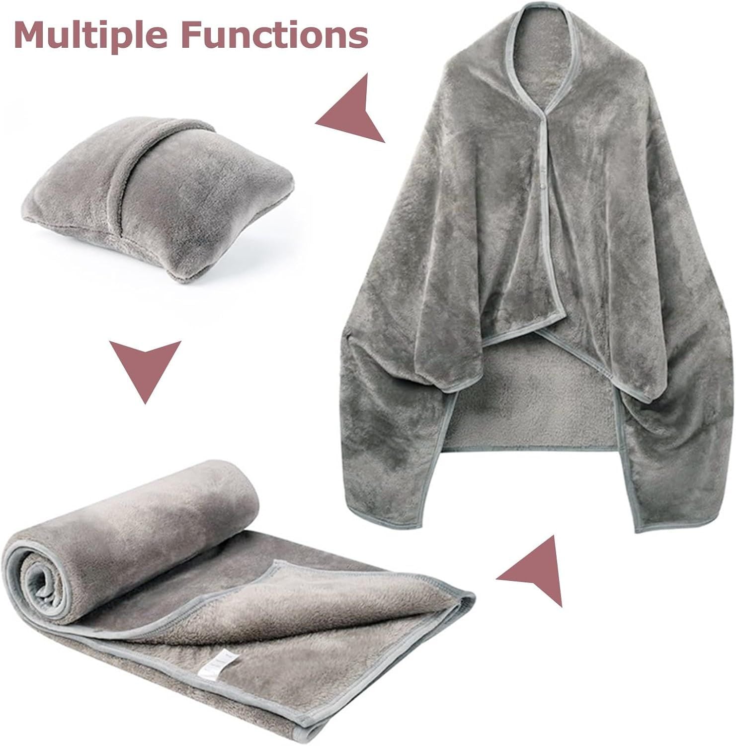 3-in-1 Portable Travel Blanket / Pillow / Wearable Shawl with Snap & Envelope Folding Design - 230GSM Soft Flannel Thickened Nap Blanket for Airplane Office Home, Space Saving & Machine Washable, Pink 40 x 60 inch