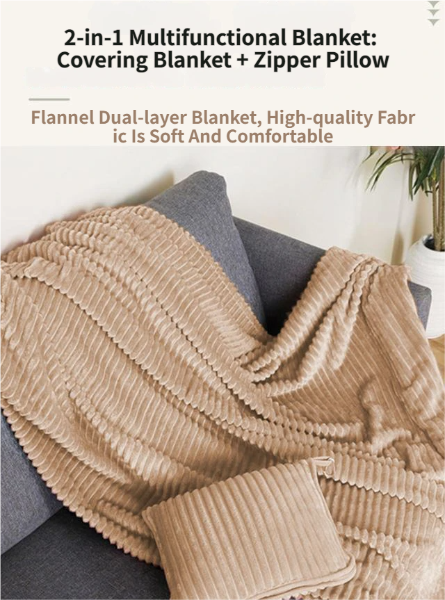 2-in-1 Light Grey Soft Ribbed Flannel Travel Blanket / Folding Zipper Pillow with Luggage Strap & Hook - 40x60 Inch Portable Dual-Layer Fleece Nap Blanket for Airplane Travel Office Camping