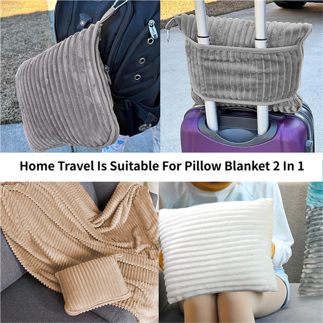2-in-1 Pink Soft Ribbed Flannel Travel Blanket / Folding Zipper Pillow with Luggage Strap & Hook - 40x60 Inch Portable Dual-Layer Fleece Nap Blanket for Airplane Travel Office Camping