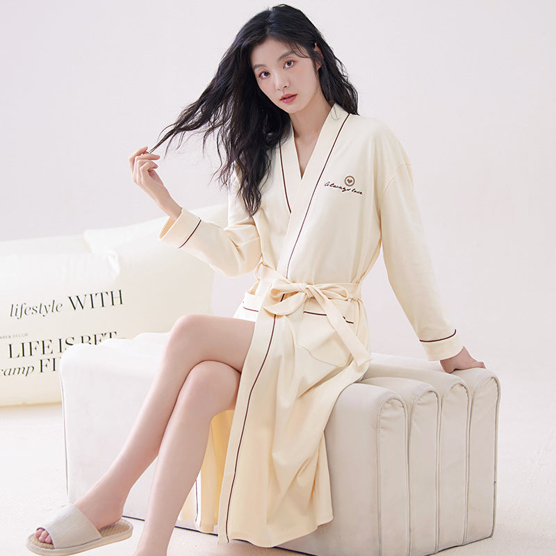 Off-white M size Women's Cotton Robe — Autumn/Winter Bathrobe & Morning Gown | Long Sleeve, Mid-Length, Plus Size | Loose, Comfortable, and Machine Washable | Suitable for All Seasons