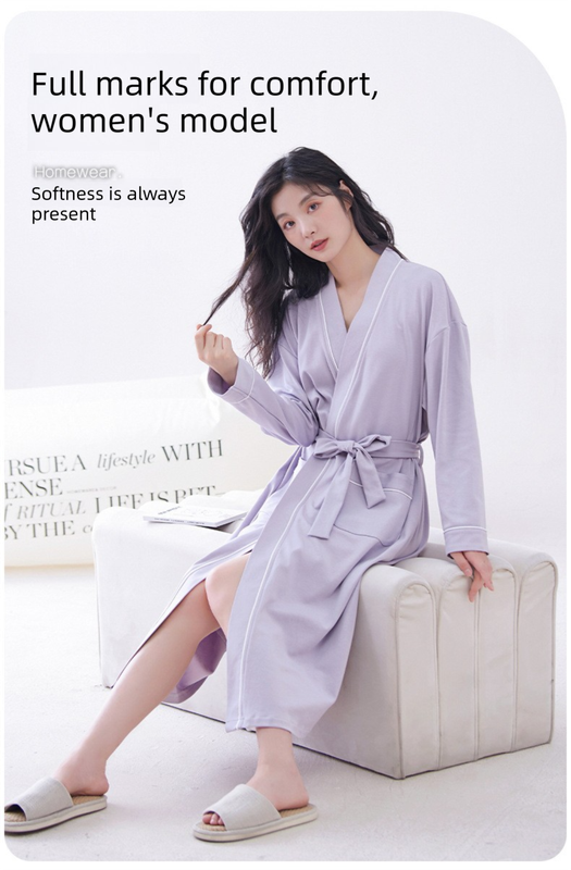 Off-white L size Women's Cotton Robe — Autumn/Winter Bathrobe & Morning Gown | Long Sleeve, Mid-Length, Plus Size | Loose, Comfortable, and Machine Washable | Suitable for All Seasons