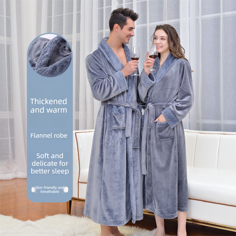 White L size Plush Flannel Robe for Couples - Thickened Warm Bathrobe with Shawl Collar, Soft Fleece Material, Unisex Long Style for Winter Home Wear