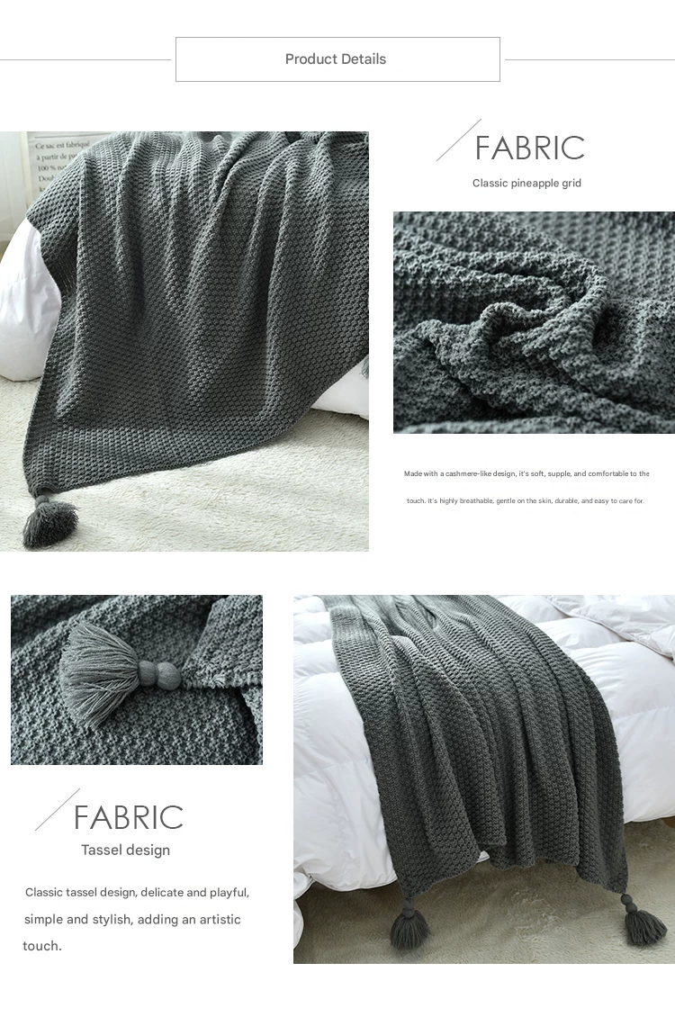 Pink 150*200cm Nordic Style Tassel Knit Throw Blanket - Soft Polyester Sofa Blanket with Pineapple Texture - Breathable & Lightweight for Office, Couch, Travel - Boho Chic Home Decor