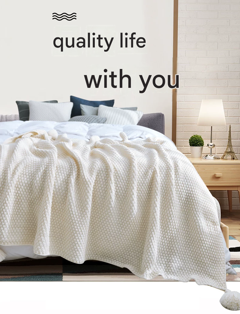 Grey 1130*170cm Nordic Style Tassel Knit Throw Blanket - Soft Polyester Sofa Blanket with Pineapple Texture - Breathable & Lightweight for Office, Couch, Travel - Boho Chic Home Decor