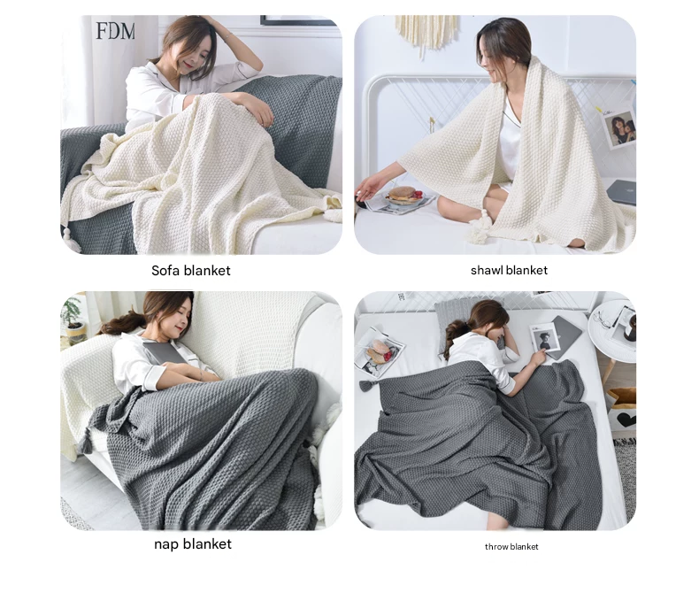Grey 1130*170cm Nordic Style Tassel Knit Throw Blanket - Soft Polyester Sofa Blanket with Pineapple Texture - Breathable & Lightweight for Office, Couch, Travel - Boho Chic Home Decor
