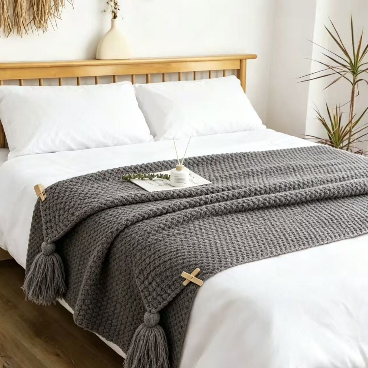 Grey 150*200cm Nordic Style Tassel Knit Throw Blanket - Soft Polyester Sofa Blanket with Pineapple Texture - Breathable & Lightweight for Office, Couch, Travel - Boho Chic Home Decor