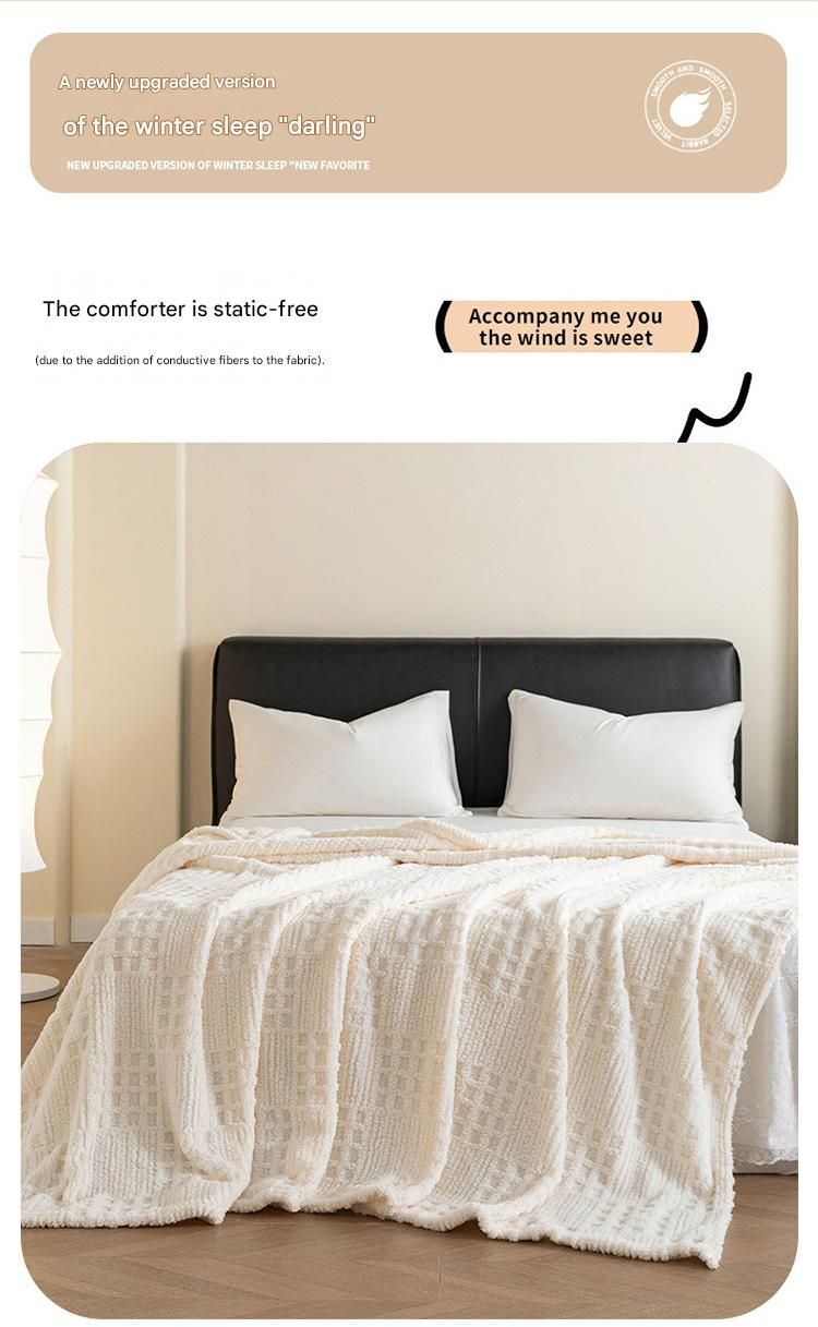 Beige 150*200cm Thickened Double-Sided Plush Waffle Weave Throw Blanket - Anti-Static Taffeta Velvet & Flannel Fleece - Warm, Soft, Non-Shedding Blanket for Winter, Sofa, Bed & Office