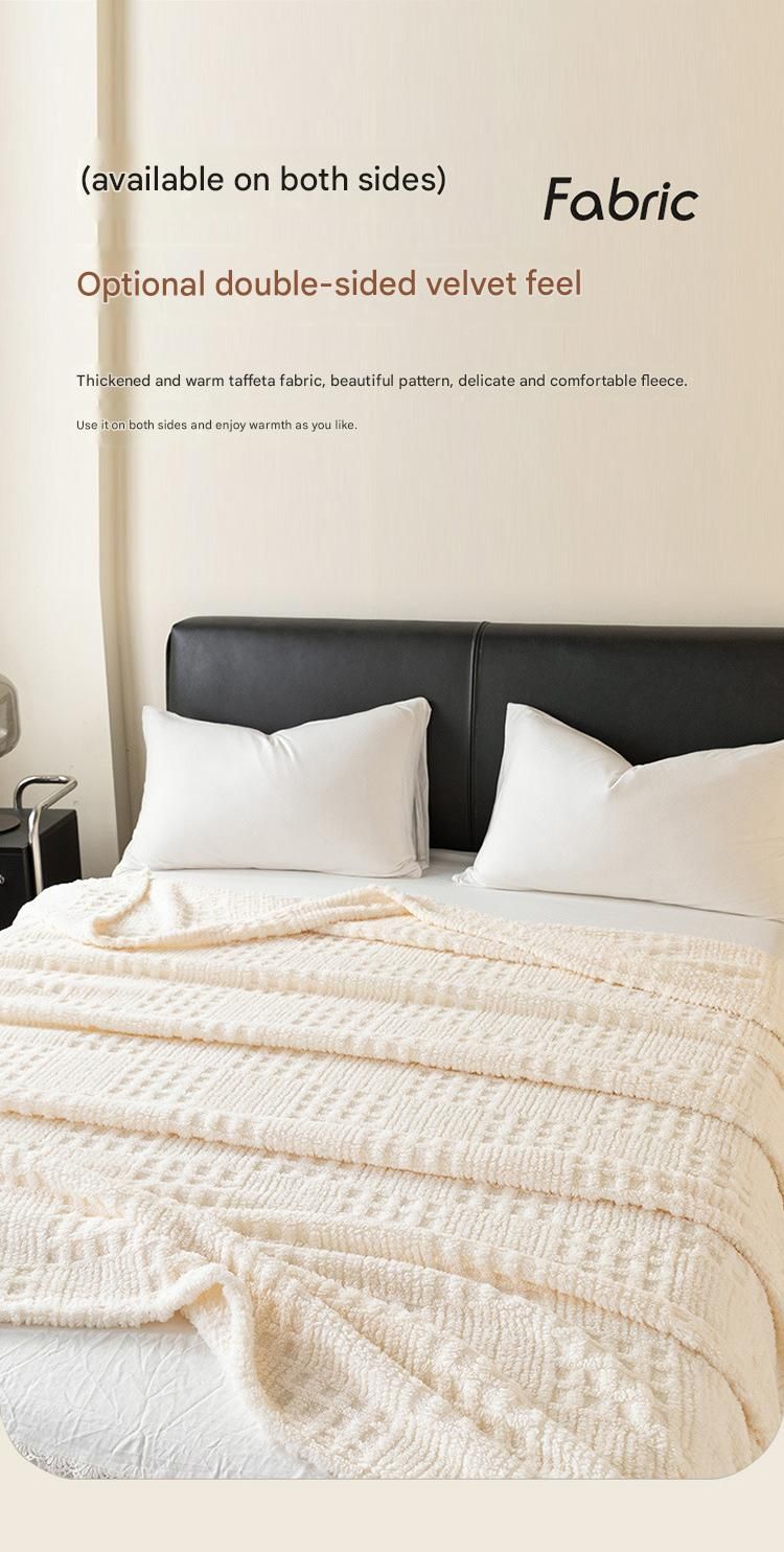 Light coffee color 100*150cm Thickened Double-Sided Plush Waffle Weave Throw Blanket - Anti-Static Taffeta Velvet & Flannel Fleece - Warm, Soft, Non-Shedding Blanket for Winter, Sofa, Bed & Office