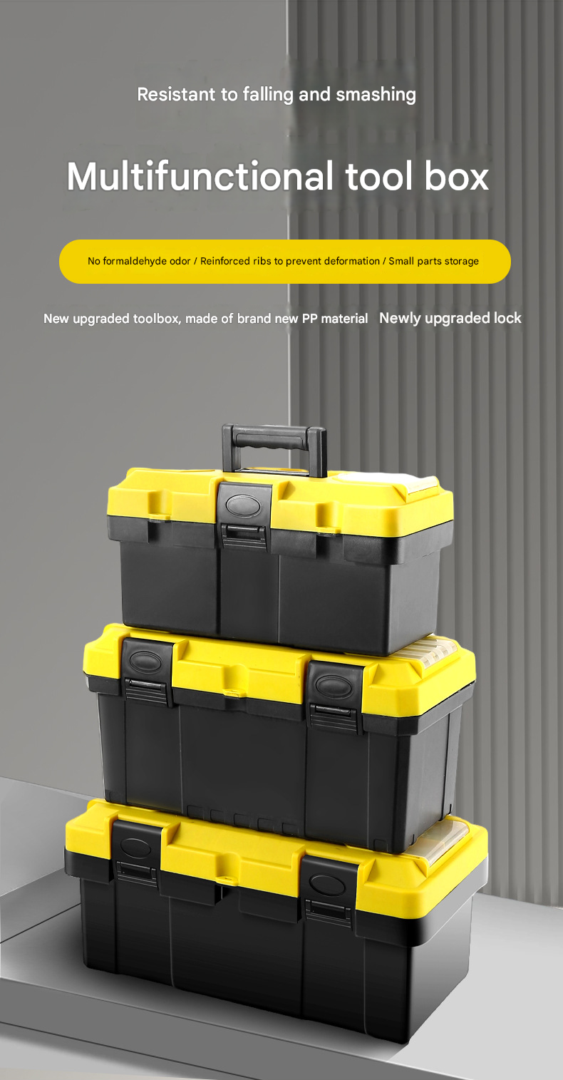 17-inch Yellow and Black Heavy Duty Plastic Toolbox - PP Material with ABS Latches - Lockable, Large Capacity, Double Layer, Organized Storage, for Home Repair, Automotive, Construction, Outdoor Use
