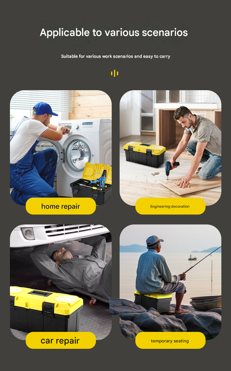 17-inch Yellow and Black Heavy Duty Plastic Toolbox - PP Material with ABS Latches - Lockable, Large Capacity, Double Layer, Organized Storage, for Home Repair, Automotive, Construction, Outdoor Use