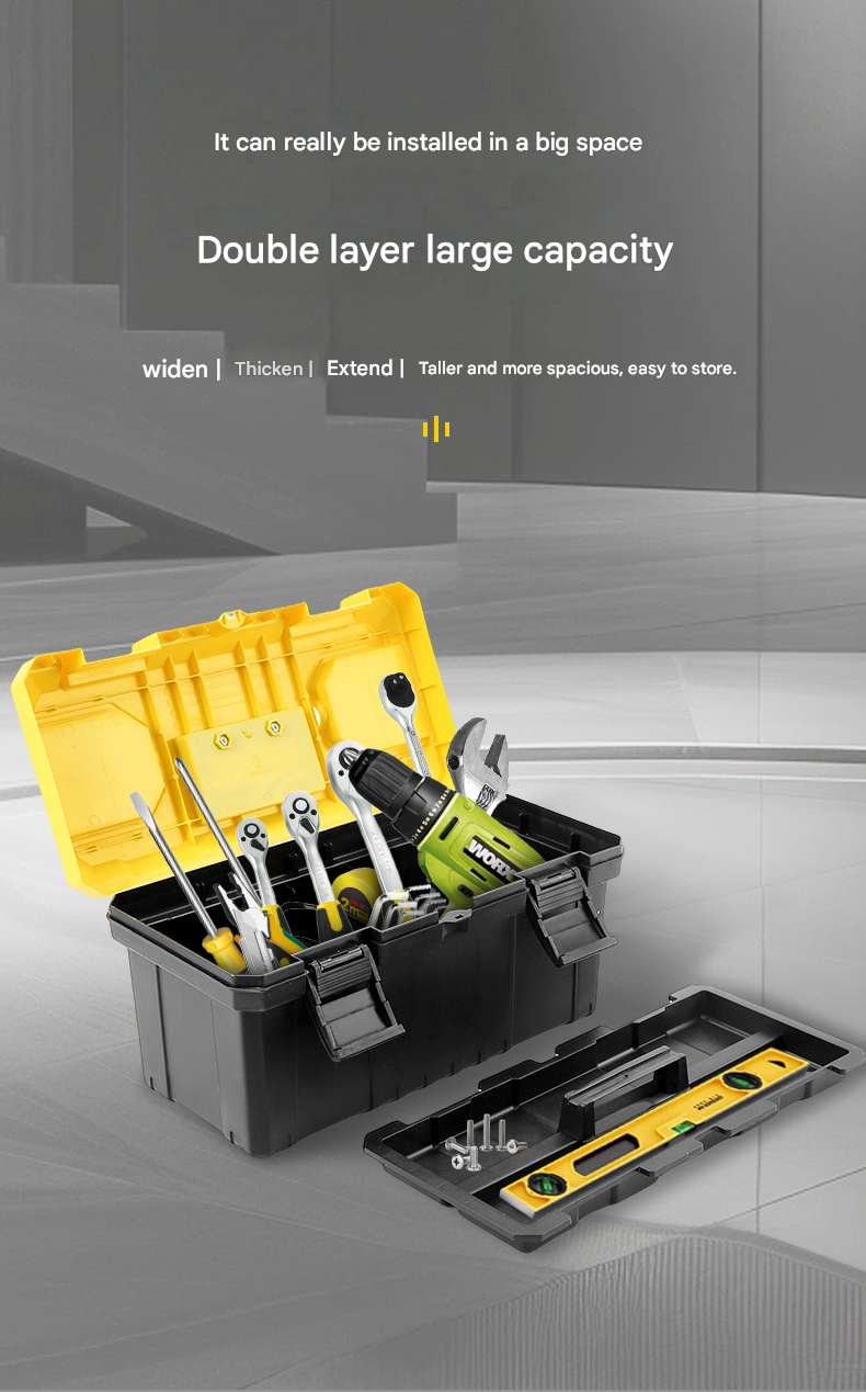 17-inch Yellow and Black Heavy Duty Plastic Toolbox - PP Material with ABS Latches - Lockable, Large Capacity, Double Layer, Organized Storage, for Home Repair, Automotive, Construction, Outdoor Use
