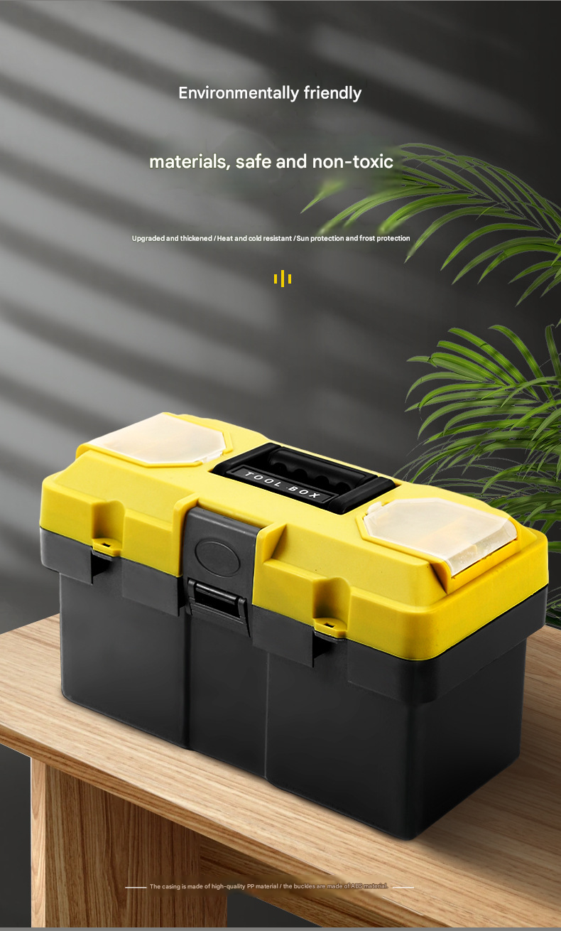 17-inch Yellow and Black Heavy Duty Plastic Toolbox - PP Material with ABS Latches - Lockable, Large Capacity, Double Layer, Organized Storage, for Home Repair, Automotive, Construction, Outdoor Use