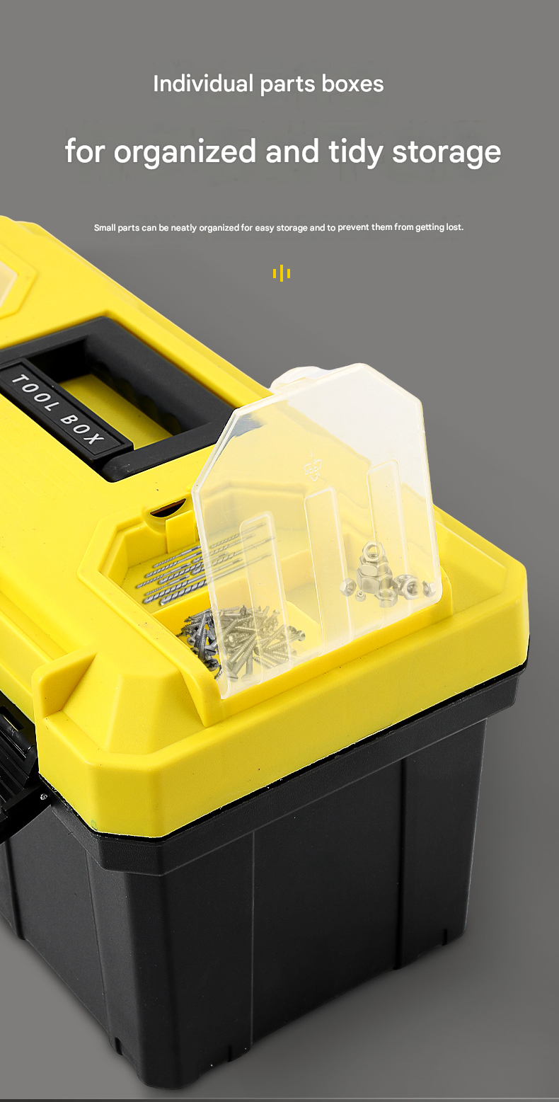 17-inch Yellow and Black Heavy Duty Plastic Toolbox - PP Material with ABS Latches - Lockable, Large Capacity, Double Layer, Organized Storage, for Home Repair, Automotive, Construction, Outdoor Use