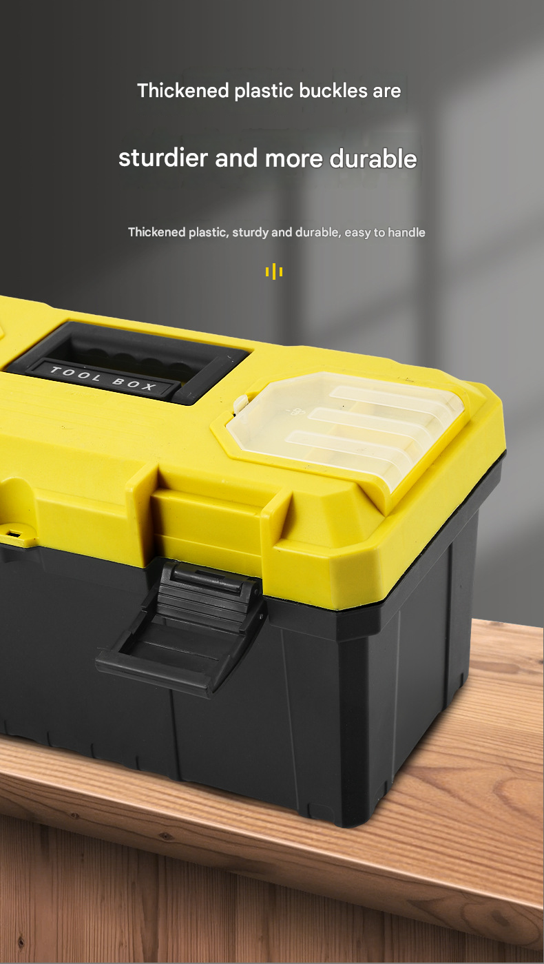 17-inch Yellow and Black Heavy Duty Plastic Toolbox - PP Material with ABS Latches - Lockable, Large Capacity, Double Layer, Organized Storage, for Home Repair, Automotive, Construction, Outdoor Use