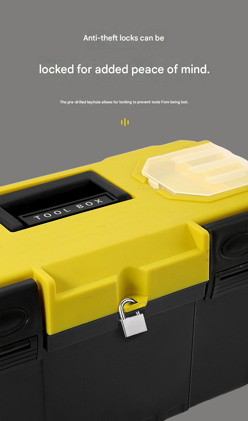 17-inch Yellow and Black Heavy Duty Plastic Toolbox - PP Material with ABS Latches - Lockable, Large Capacity, Double Layer, Organized Storage, for Home Repair, Automotive, Construction, Outdoor Use