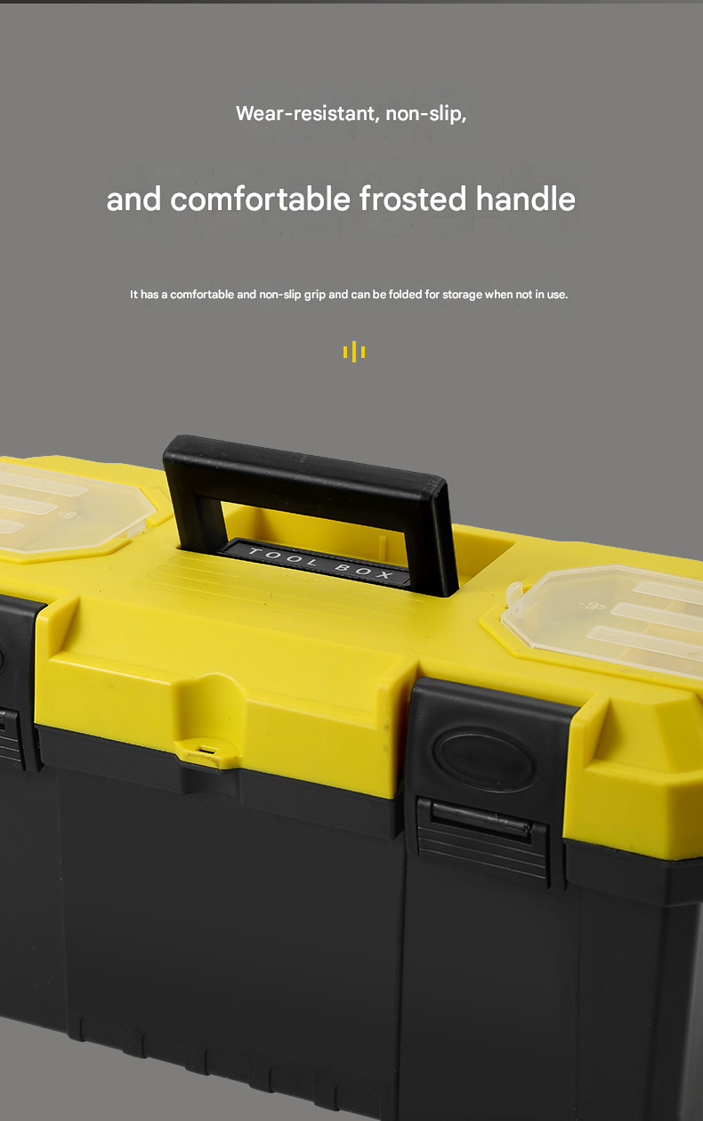 17-inch Yellow and Black Heavy Duty Plastic Toolbox - PP Material with ABS Latches - Lockable, Large Capacity, Double Layer, Organized Storage, for Home Repair, Automotive, Construction, Outdoor Use