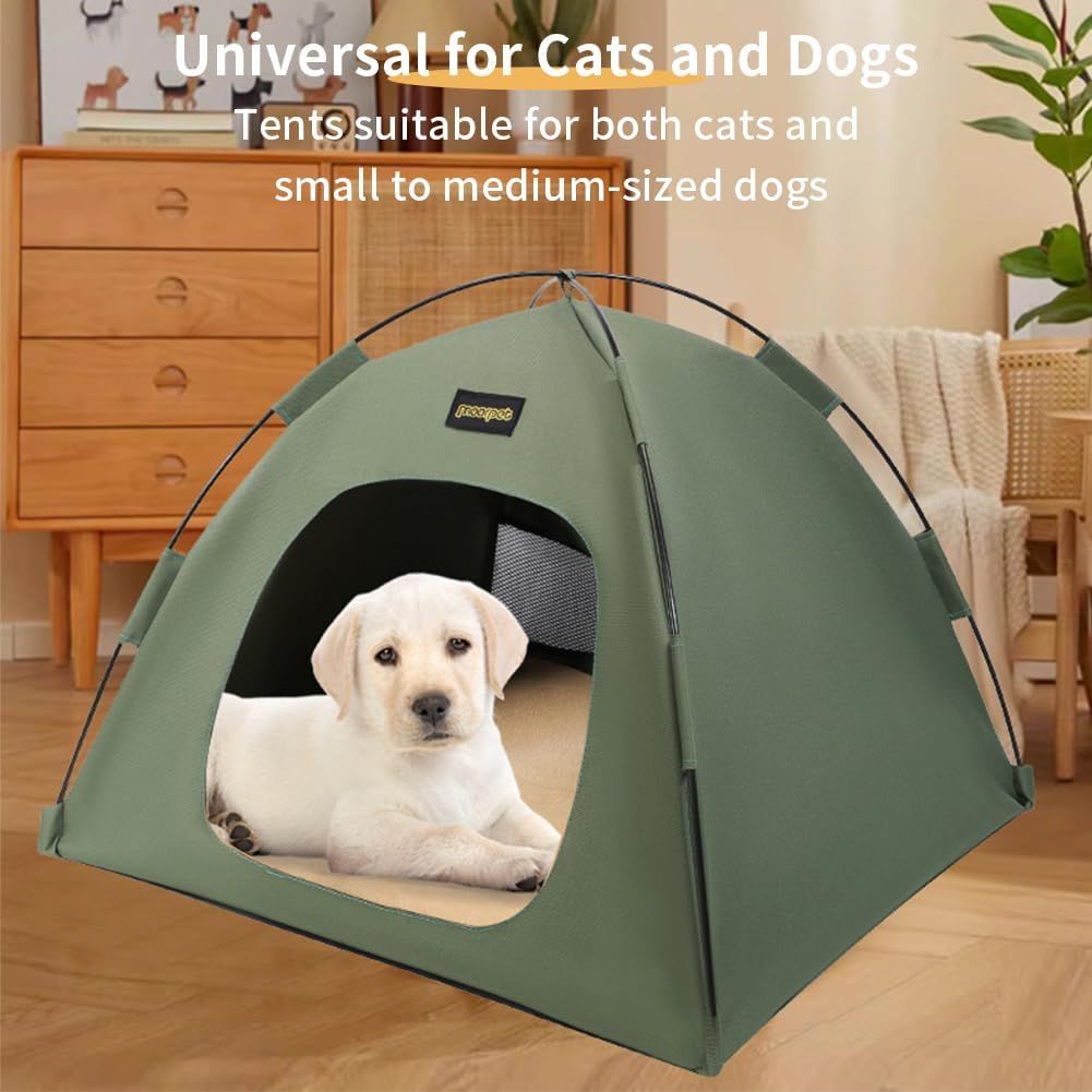 Khaki All-Weather Portable Pet Tent with Dual-Sided Cushion & Insect-Proof Mesh – M Size 50 x 50 x 45 cm, Waterproof & Sun-Proof Outdoor Four Corner Dome Kennel for Dogs & Cats Travel Camping