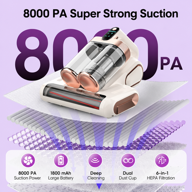 White and Gold Wireless UV Mattress Vacuum Cleaner and Handheld Mite Removal Vacuum - Portable Bed Cleaner with 8KPA Strong Suction, Ultrasonic & UV Light Sterilization, 520ML Large Dual Dust Cup, HEPA Filter and LED Display