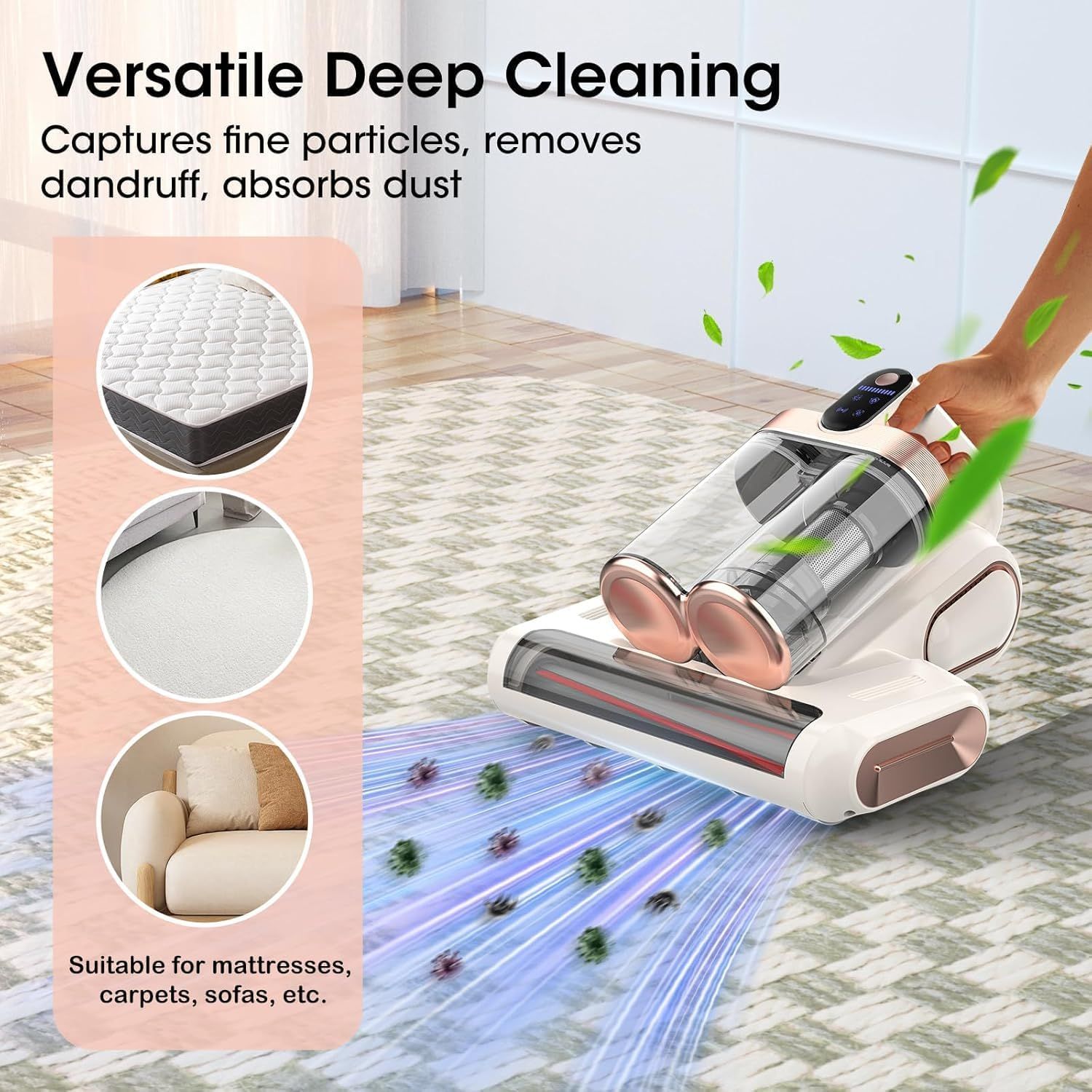 White and Gold Wireless UV Mattress Vacuum Cleaner and Handheld Mite Removal Vacuum - Portable Bed Cleaner with 8KPA Strong Suction, Ultrasonic & UV Light Sterilization, 520ML Large Dual Dust Cup, HEPA Filter and LED Display