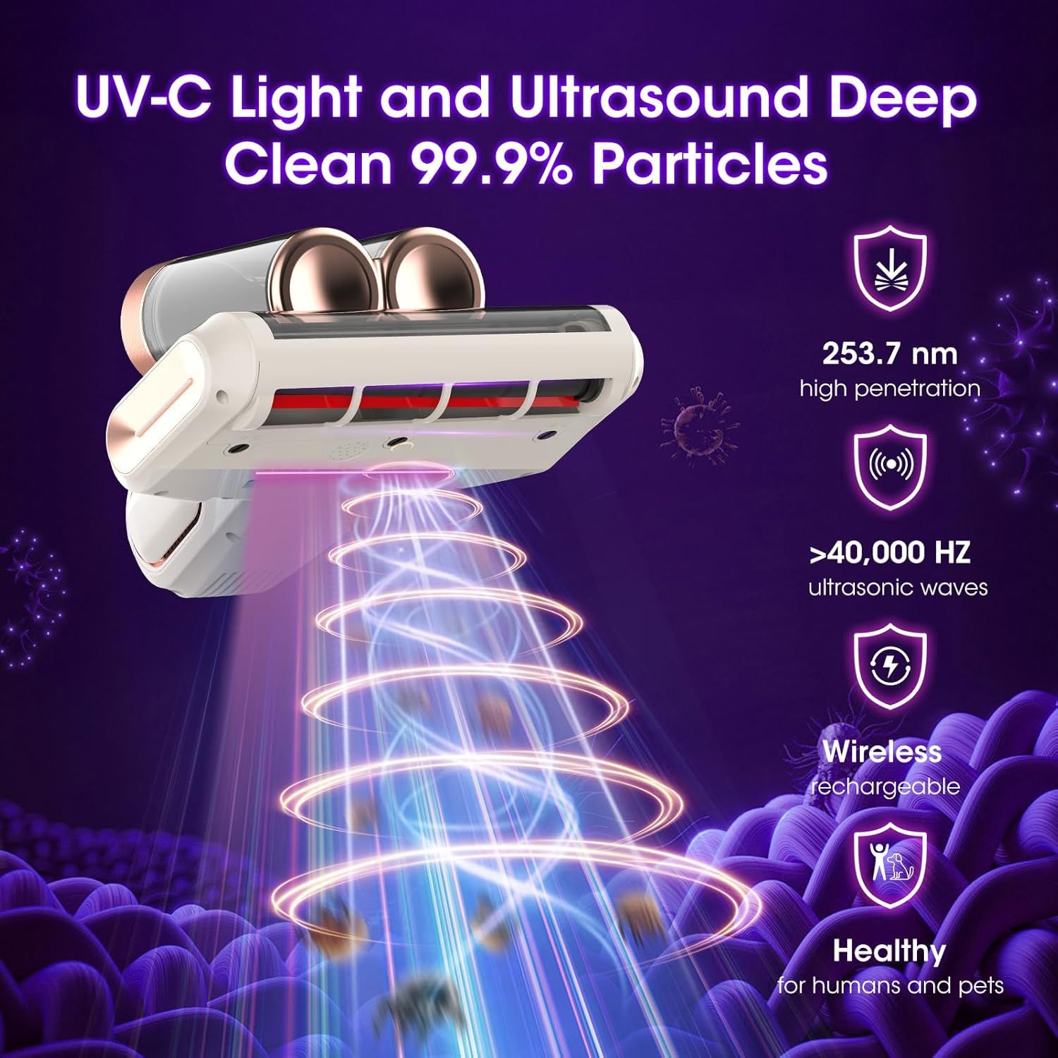 Grey and Purple Wireless UV Mattress Vacuum Cleaner and Handheld Mite Removal Vacuum - Portable Bed Cleaner with 8KPA Strong Suction, Ultrasonic & UV Light Sterilization, 520ML Large Dual Dust Cup, HEPA Filter and LED Display