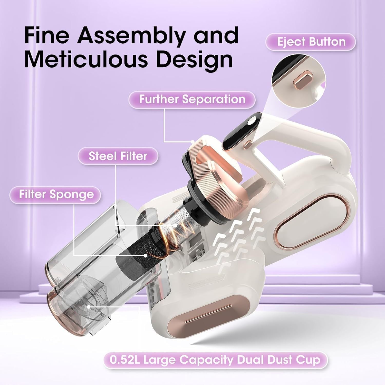 Grey and Purple Wireless UV Mattress Vacuum Cleaner and Handheld Mite Removal Vacuum - Portable Bed Cleaner with 8KPA Strong Suction, Ultrasonic & UV Light Sterilization, 520ML Large Dual Dust Cup, HEPA Filter and LED Display