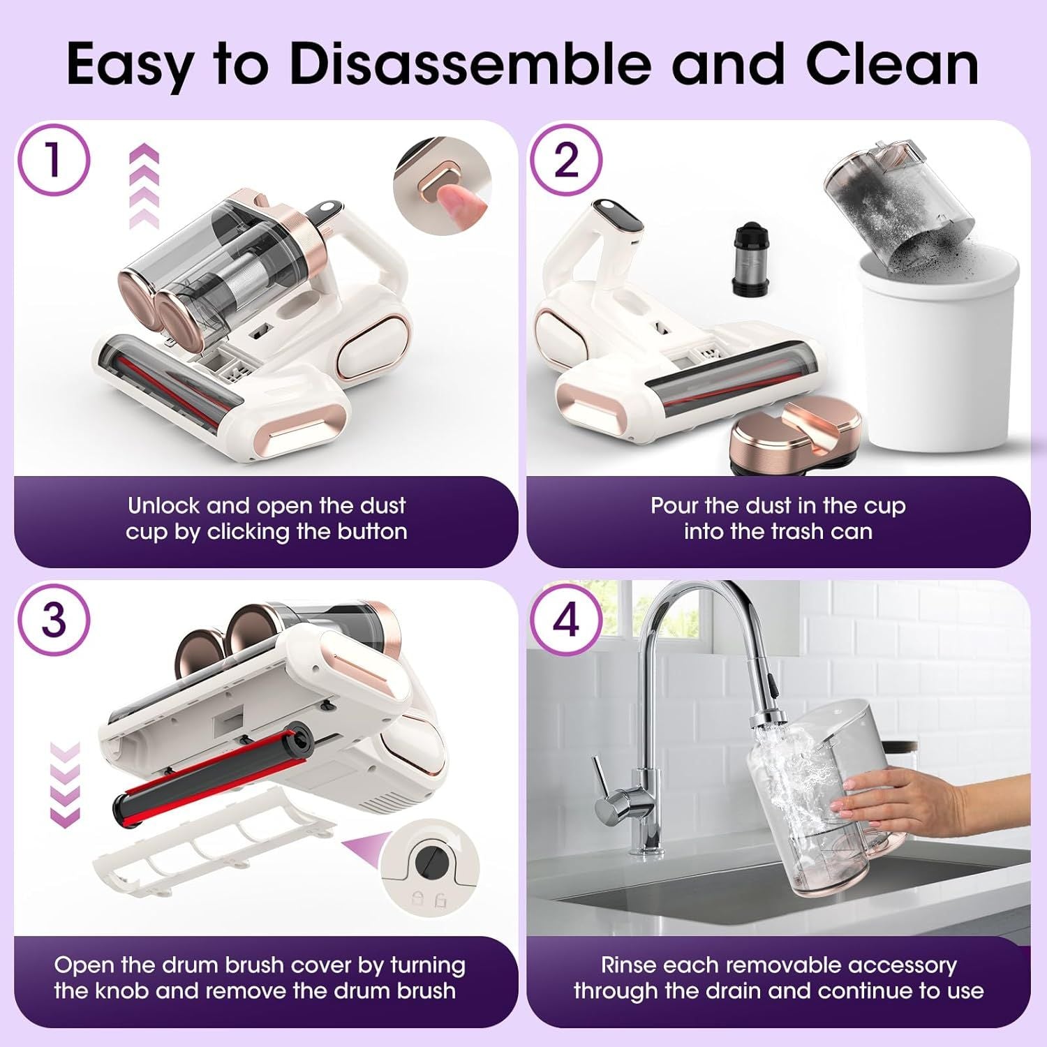 Grey and Purple Wireless UV Mattress Vacuum Cleaner and Handheld Mite Removal Vacuum - Portable Bed Cleaner with 8KPA Strong Suction, Ultrasonic & UV Light Sterilization, 520ML Large Dual Dust Cup, HEPA Filter and LED Display